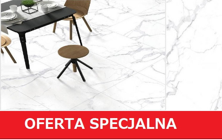Białe płytki podłogowe imitujące marmur z elementami aranżacji wnętrza (stół i krzesła). W dolnej części czerwony pasek z napisem 'Oferta Specjalna'.