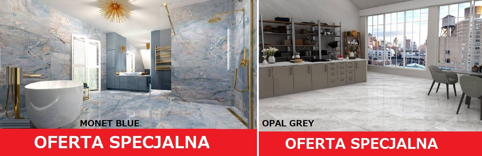 Dwa warianty płytek: 'Monet Blue' w łazience z wanną i złotą armaturą oraz 'Opal Grey' w kuchni z widokiem na miasto. Oferta specjalna.