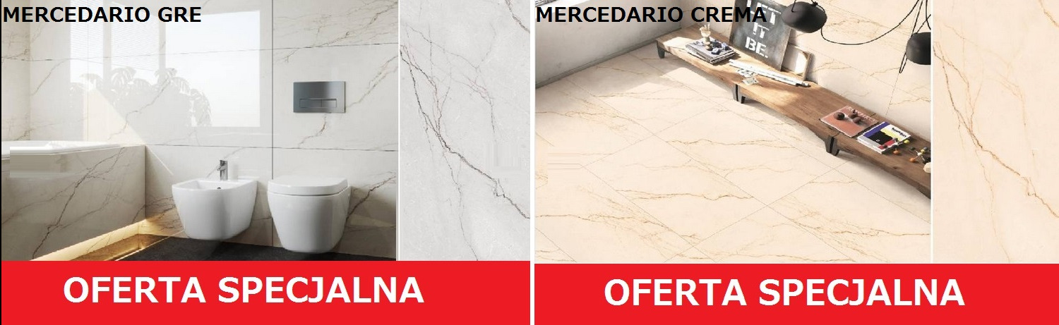Dwa warianty płytek Mercedario: szare w łazience z armaturą i kremowe na podłodze z drewnianą konsolą. Czerwony baner 'Oferta Specjalna' na dole.