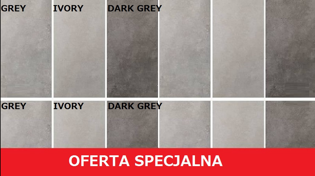 Gres 60x120, 60x60 w odcieniach szarości i beżu (ivory, dark grey) z napisem 'Oferta Specjalna' na czerwonym tle. Matowe wykończenie, próbki płytek.