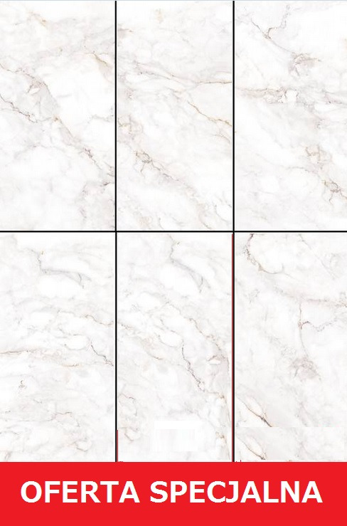 Płytki gresowe 60x120 cm, imitacja białego marmuru z delikatnym żyłowaniem, ułożone w układzie 2x3, z czerwonym paskiem 'Oferta Specjalna' na dole.