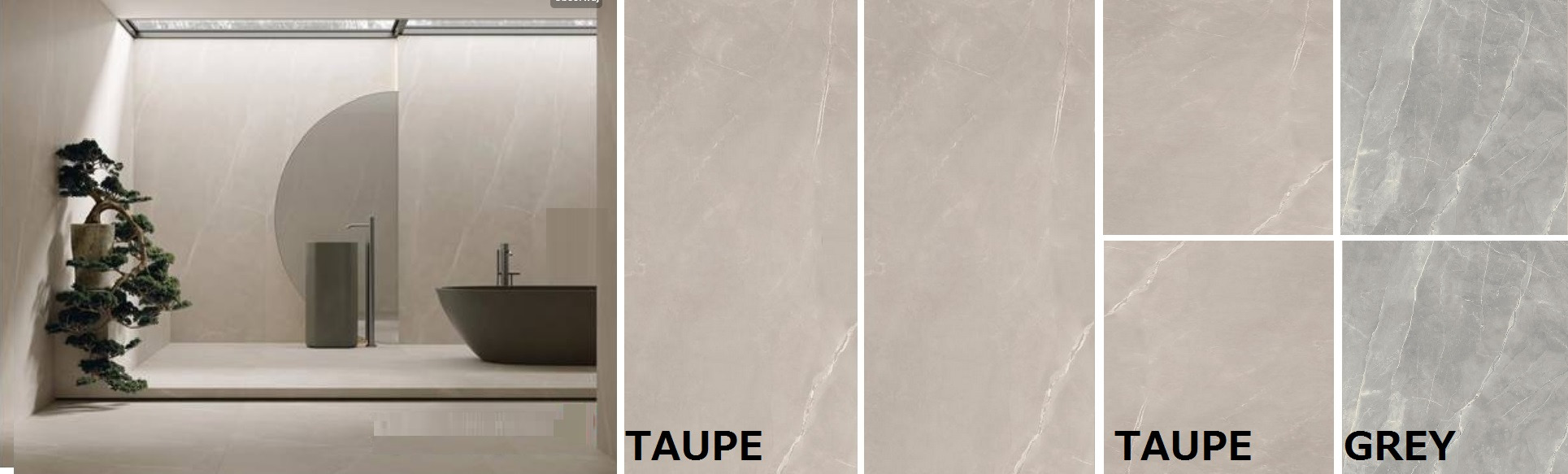 Aranżacja łazienki z beżowymi płytkami gresowymi o marmurowym wzorze, z minimalistyczną armaturą i bonsai. Ekspozycja płytek w odcieniach taupe i szarości.