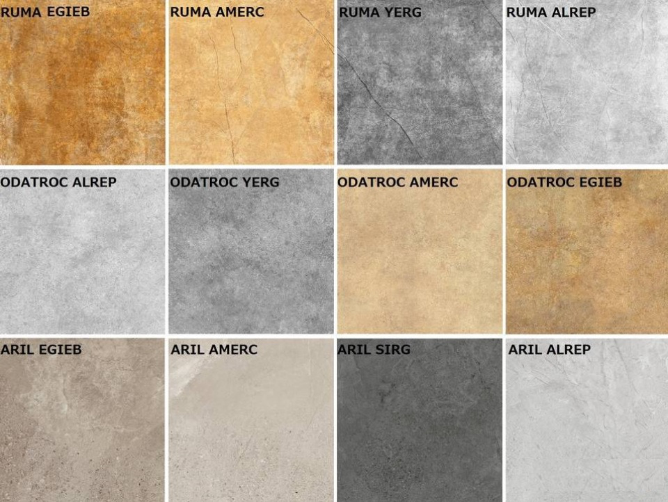 Kafelki gresowe w dwunastu wariantach kolorystycznych i wzorniczych, z nazwami kolekcji i odcieniami widocznymi na każdym z nich. Satynowo-matowe wykończenie.