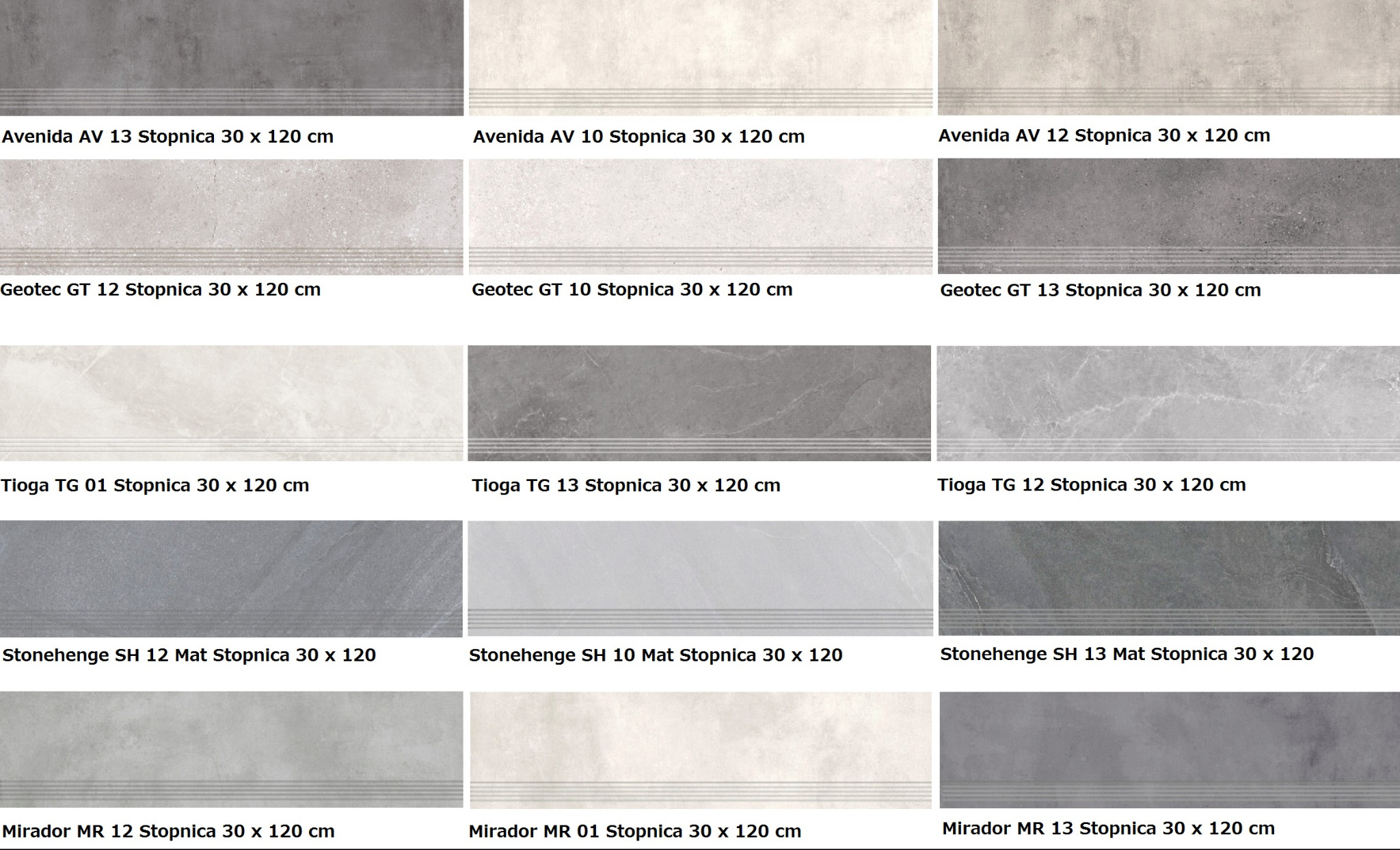 Kafelki schodowe 30x120 cm: Avenida, Geotec, Tioga, Stonehenge, Mirador. Różne odcienie szarości i beżu, matowe wykończenie, widoczne nazwy modeli.