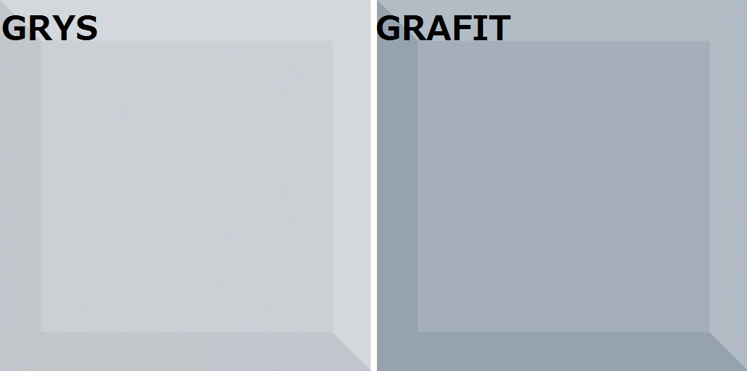 Dwa kwadratowe panele ścienne: jasnoszary 'Grys' i ciemniejszy 'Grafit', prezentowane w minimalistycznym ujęciu, ukazujące subtelne różnice w odcieniach szarości.