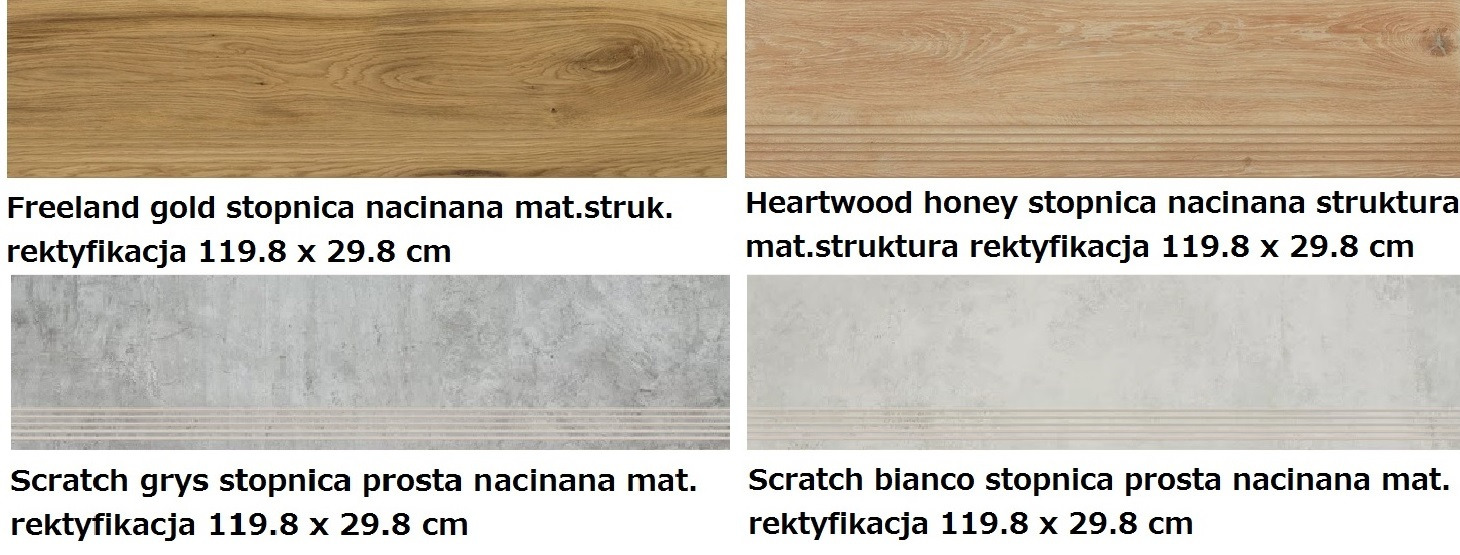 Cztery próbki stopnic o różnych wzorach: drewnopodobne w odcieniach złota i miodu, oraz imitujące beton w kolorach szarości i bieli. Wszystkie o wymiarach 119.8 x 29.8 cm.