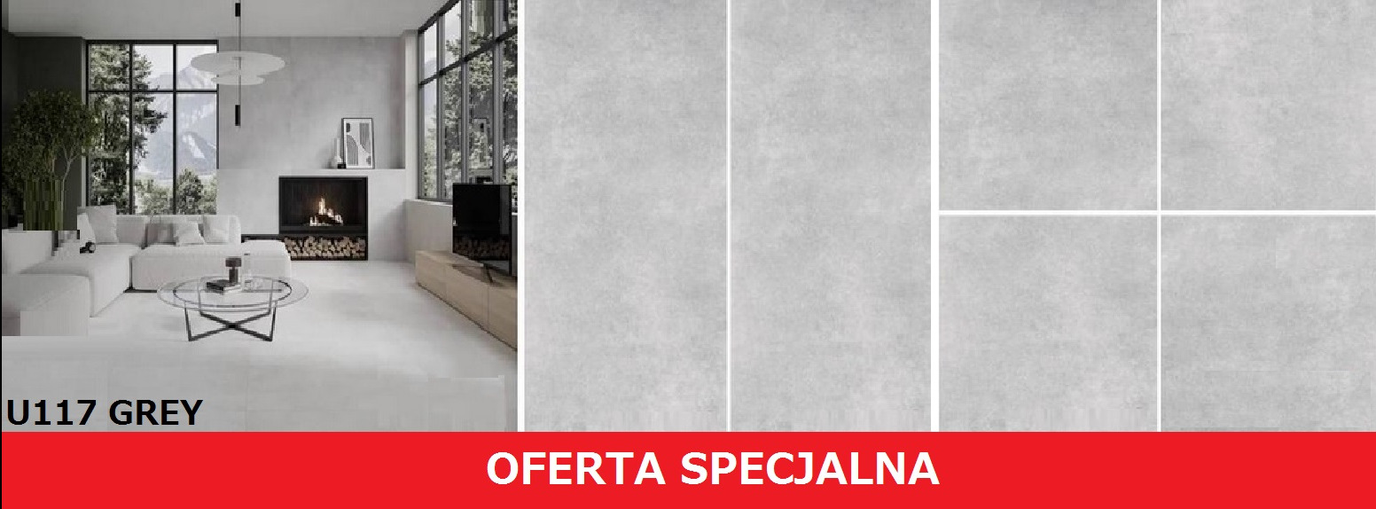 Gres U117 Grey, matowy, w aranżacji salonu z kominkiem i dużym oknem. W tle widok na las. U dołu czerwony pasek z napisem 'Oferta Specjalna'.