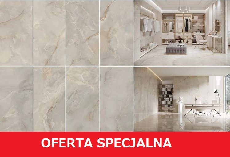 Gres polerowany Invisible White 59,8/119,8 cm: aranżacja podłogi w garderobie i gabinecie. Widoczny wzór płytek i połyskująca powierzchnia. Oferta specjalna.