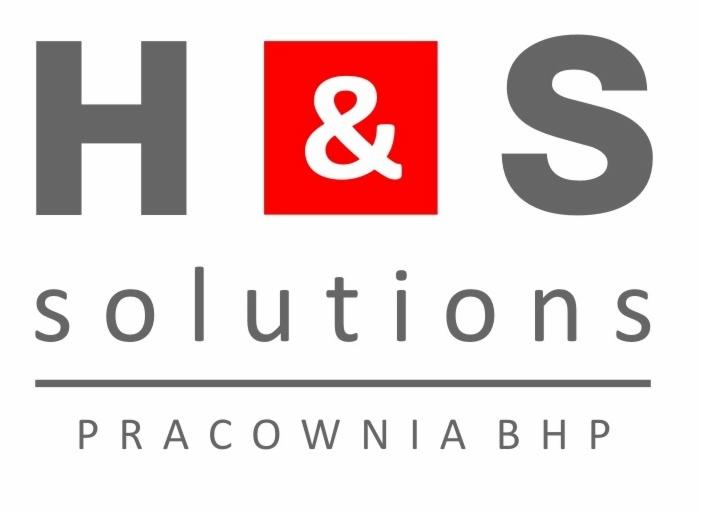 Logo firmy H&S Solutions z dopiskiem Pracownia BHP, szare litery i czerwony kwadrat z białą ampersandą na białym tle.