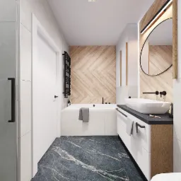 Nowoczesna łazienka z marmurową podłogą, drewnianą ścianą w jodełkę, owalnym lustrem z podświetleniem LED i białą umywalką nablatową.