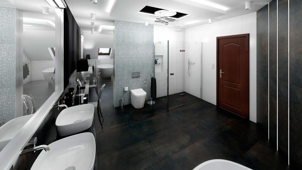 Nowoczesna łazienka z czarną podłogą, białymi umywalkami nablatowymi, szklaną kabiną prysznicową i drewnianymi drzwiami, oświetlona punktowymi lampami sufitowymi.