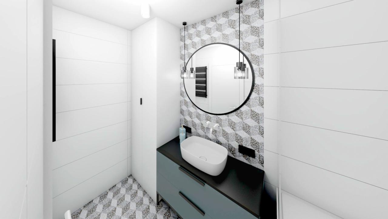 Wizualizacja nowoczesnej łazienki z owalną umywalką nablatową, szafką w odcieniach szarości, okrągłym lustrem z podwieszonymi lampami i geometryczną mozaiką na ścianie.