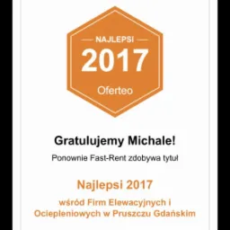 Nagroda Oferteo dla firmy Fast-Rent za Najlepsze 2017 wśród firm elewacyjnych i ociepleniowych w Pruszczu Gdańskim. Gratulacje dla Michała.