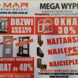 Ulotka reklamowa firmy OK-MAR z ofertą okien, drzwi i rolet, prezentująca rabaty, wyprzedaż i korzyści, z logotypami VEKA, Brügmann i PETECK, oraz numerami telefonów do oddziałów w Legnicy i Lubinie.