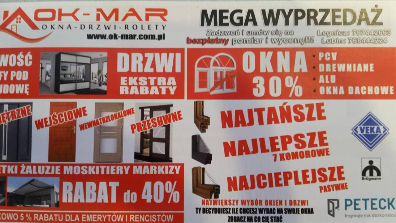 Ulotka reklamowa firmy OK-MAR z ofertą okien, drzwi i rolet, prezentująca rabaty, wyprzedaż i korzyści, z logotypami VEKA, Brügmann i PETECK, oraz numerami telefonów do oddziałów w Legnicy i Lubinie.