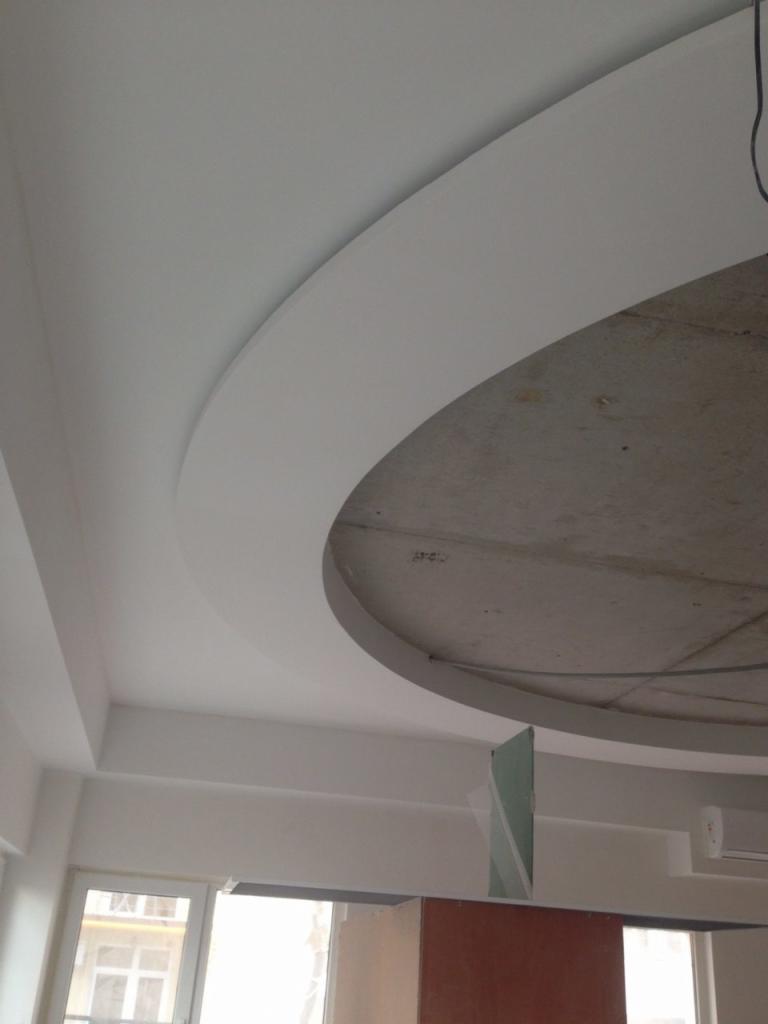 Niedokończony sufit podwieszany z elementem okrągłym, widoczne łączenia płyt gipsowo-kartonowych i surowy beton stropu.