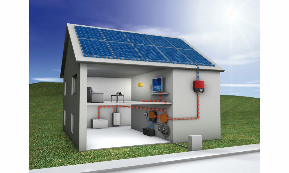 Przekrój domu z panelami słonecznymi na dachu, przedstawiający instalację wewnętrzną z akumulatorami, inwerterem i okablowaniem.