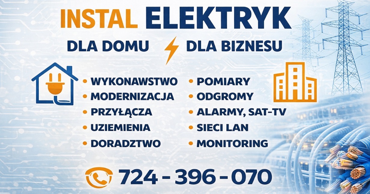 Baner reklamowy: Instalacje elektryczne dla domu i biznesu. Wykonawstwo, modernizacja, przyłącza, uziemienia, doradztwo, pomiary, odgromy, alarmy, sieci LAN, monitoring.