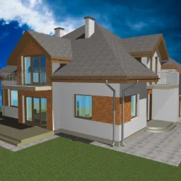 Wizualizacja dwukondygnacyjnego domu z balkonem, z elementami wykończenia z cegły klinkierowej, szarą dachówką i sztucznym tłem nieba.