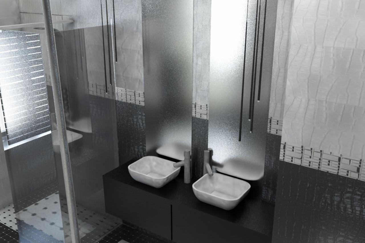 Nowoczesna łazienka w odcieniach szarości i czerni, z dwoma kwadratowymi umywalkami nablatowymi, minimalistycznymi bateriami i dekoracyjnymi panelami ściennymi z pionowymi prętami.