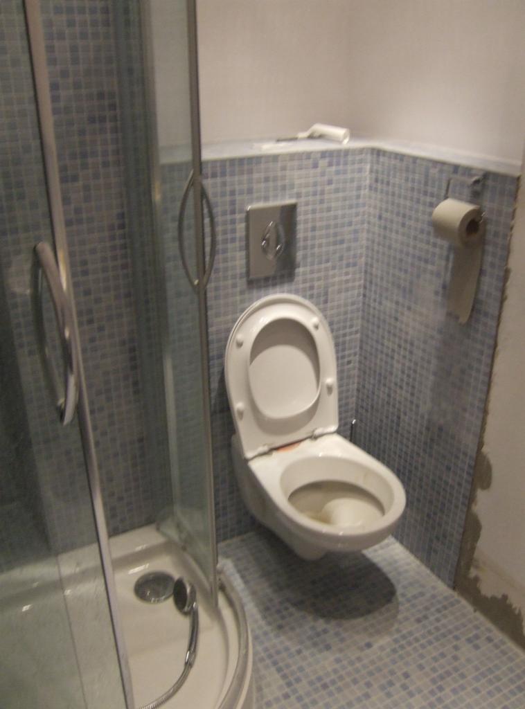 Wnętrze łazienki z kabiną prysznicową i toaletą wiszącą, wykończone niebieską mozaiką; widoczny niedokończony fragment ściany z resztkami zaprawy.