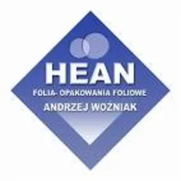 Logo firmy HEAN na niebieskim rombie, z napisem 'FOLIA - OPAKOWANIA FOLIOWE ANDRZEJ WOZNIAK' poniżej nazwy. Dwa półprzezroczyste okręgi nad napisem HEAN.