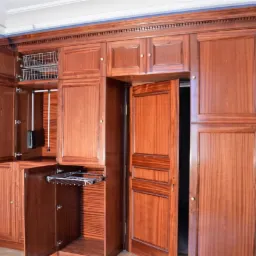 Rozbudowana, drewniana szafa wnękowa z otwartymi drzwiami, ukazująca wewnętrzne wyposażenie: wysuwane kosze, drążek na ubrania i półki, wykończona listwami dekoracyjnymi przy suficie, na tle...