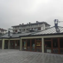 Nowoczesny budynek z ciemną, metalową obróbką dachu i ozdobnymi kominami na tle pochmurnego nieba i dźwigu budowlanego.