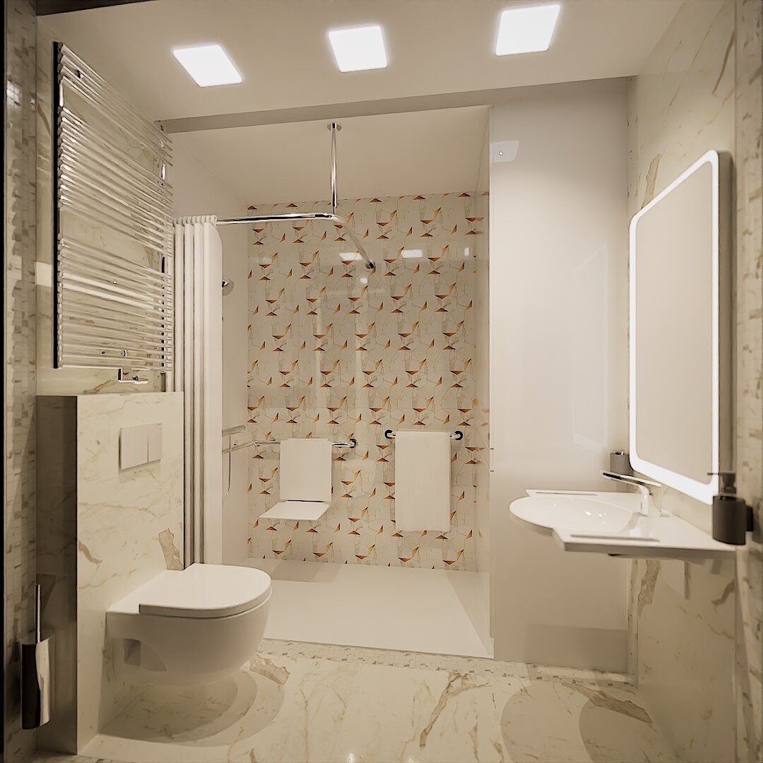 Jasna łazienka z marmurowymi płytkami, szklaną kabiną prysznicową i podwieszaną toaletą. Uwagę przykuwa podświetlane lustro i mozaika na ścianie kabiny.