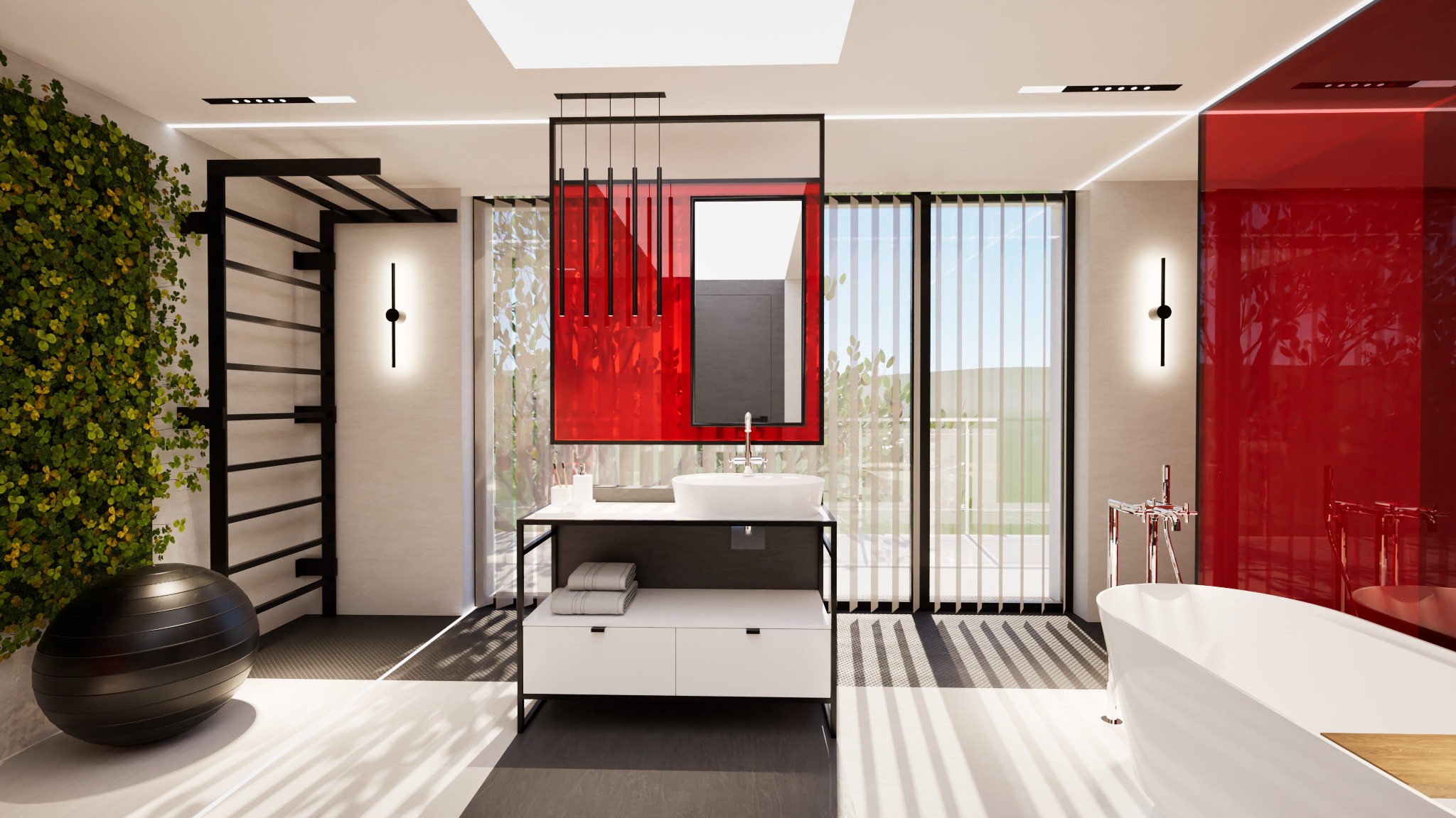 Nowoczesna łazienka z elementami siłowni: drabinka gimnastyczna, piłka fitness, wanna wolnostojąca, umywalka nablatowa i czerwone akcenty dekoracyjne.