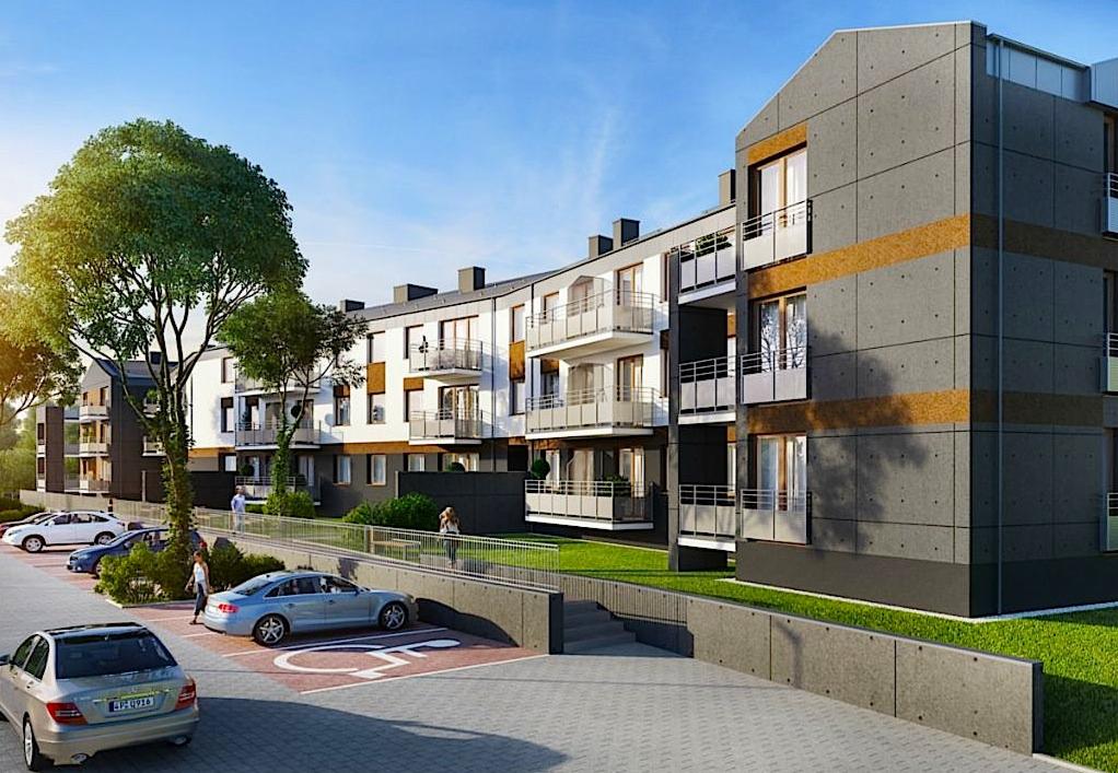 Wizualizacja nowoczesnego budynku wielorodzinnego z balkonami, z parkingiem i zielenią w otoczeniu, słoneczny dzień.