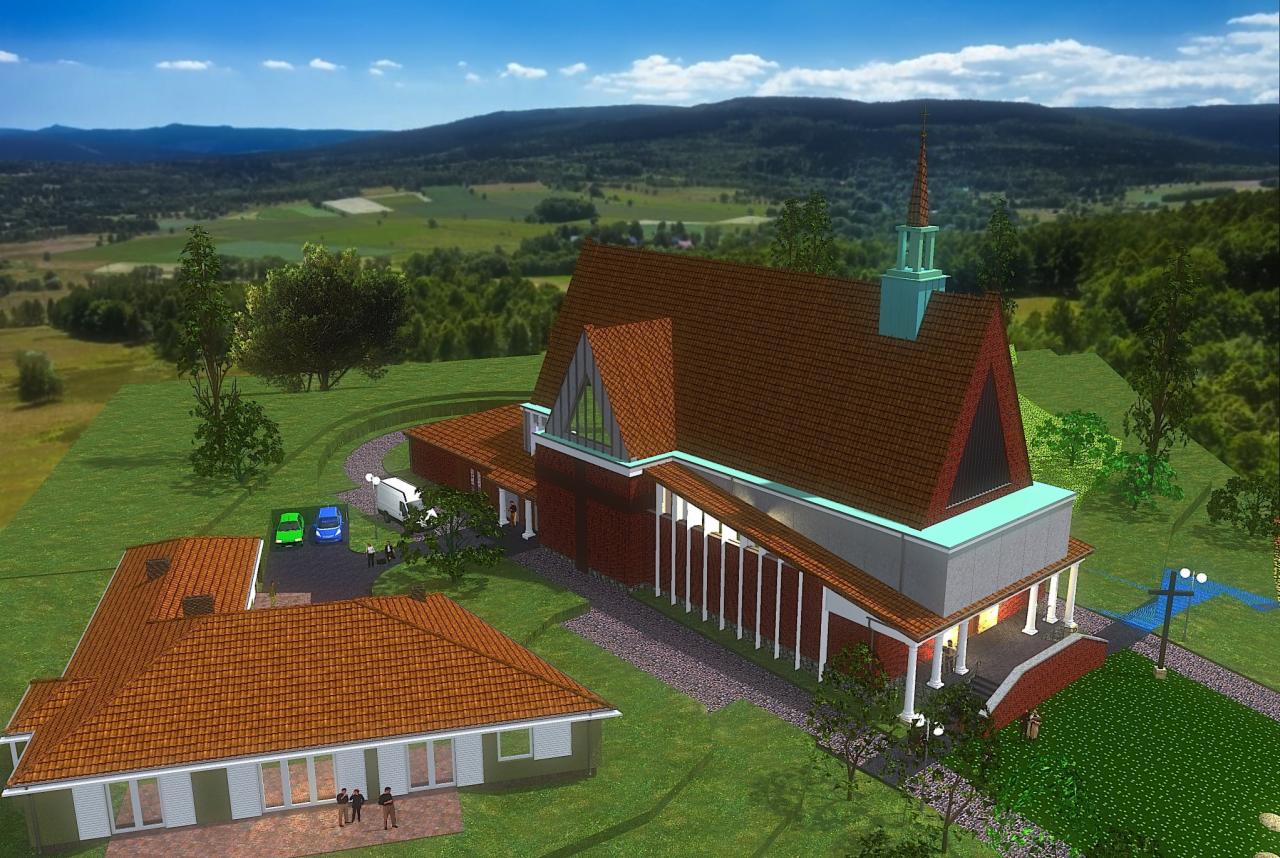 Wizualizacja 3D budynku usługowego z czerwoną cegłą i brązowym dachem, z wieżyczką w kolorze turkusowym, na tle zielonych wzgórz i błękitnego nieba.