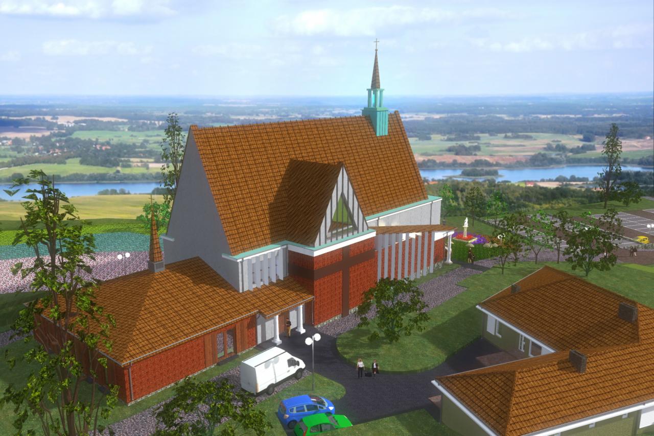 Wizualizacja 3D kościoła z ceglaną fasadą z krzyżem, brązowym dachem i zielonymi akcentami, otoczonego zielenią i widokiem na krajobraz z rzeką w tle.