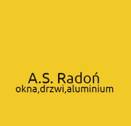 Żółte tło z czarnym napisem 'A.S. Radoń okna,drzwi,aluminium'. Minimalistyczny design logo firmy z branży stolarki okiennej i drzwiowej.
