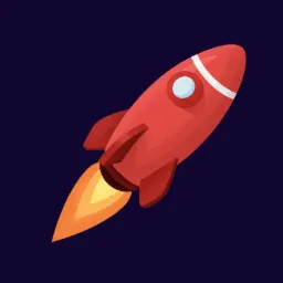 Ilustracja czerwonej rakiety startującej w kosmos, z płomieniami wydobywającymi się z dyszy, na ciemnogranatowym tle.