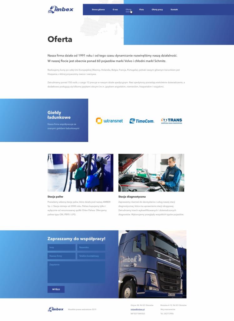 Strona internetowa firmy transportowej Imbex z ofertą giełd ładunkowych, stacji paliw i diagnostycznej, prezentująca logo firmy, dane kontaktowe i formularz zapytania.