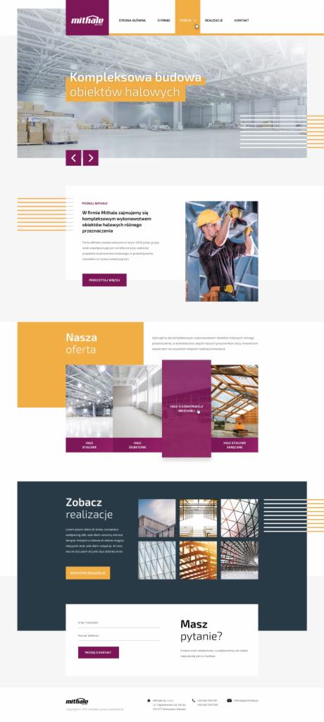 Projekt strony internetowej firmy budowlanej Mithale, prezentujący budowę obiektów halowych, z widocznym pracownikiem w kasku.