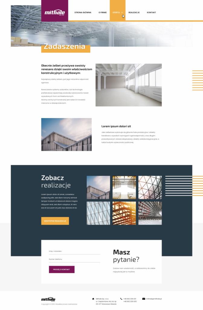 Fragment strony internetowej firmy z Łomianek, prezentujący wizualizacje konstrukcji stalowych i budynków.