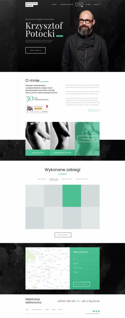 Projekt strony internetowej specjalisty chirurgii plastycznej z widocznym zdjęciem lekarza, sekcją 'O mnie', galerią zdjęć 'Wykonane zabiegi' i formularzem kontaktowym.