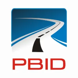 Logo firmy PBID przedstawiające stylizowaną drogę z czarnym pasem i białymi liniami na niebieskim tle, z nazwą firmy zapisaną czerwonymi literami pod spodem.