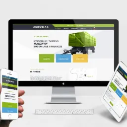 Responsywna strona internetowa firmy Agromax wyświetlana na monitorze, tablecie i smartfonie, prezentująca ofertę maszyn budowlanych i rolniczych, z widocznym zielonym banerem i przyczepą rolniczą.