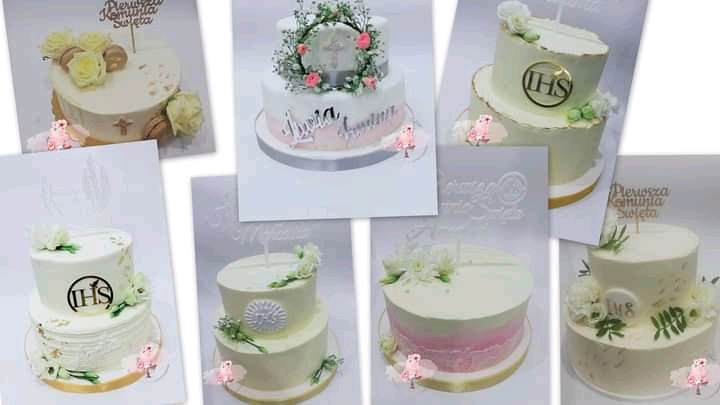 Kolekcja tortów komunijnych na białym tle, każdy z unikalną dekoracją: kwiaty, napisy, symbole IHS, delikatne zdobienia kremem.