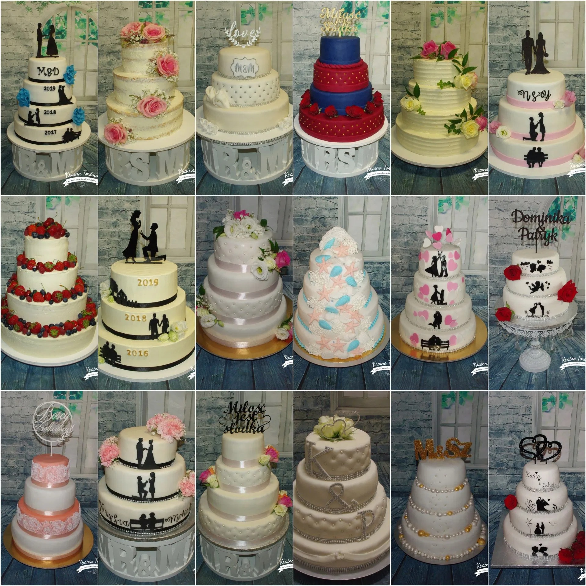 Kolaż 18 zdjęć przedstawiających wielopoziomowe torty weselne i okolicznościowe, każdy z unikalną dekoracją, od kwiatowych motywów po sylwetki par i napisy, umieszczone na różnorodnych podkładach.