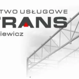 Logo firmy MAT-TRANS z wizualizacją konstrukcji stalowej w tle.
