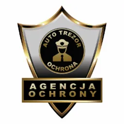 Logo Agencji Ochrony Auto Trezor z motywem ochroniarza w czapce i krawacie, umieszczone w złotej tarczy.