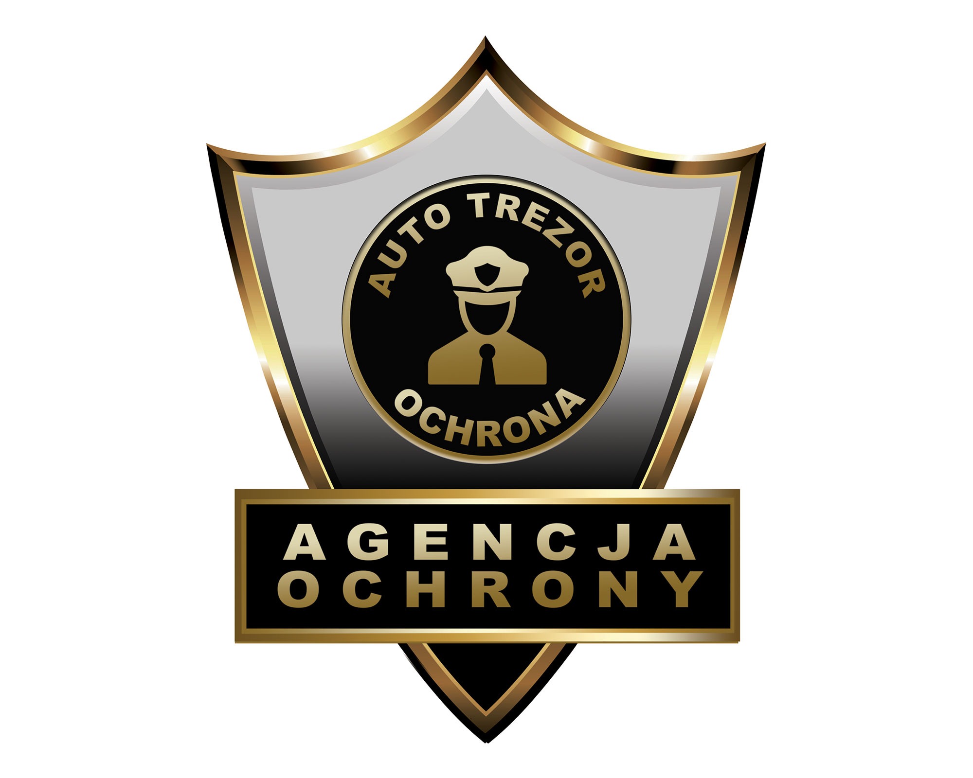 Logo Agencji Ochrony Auto Trezor z motywem ochroniarza w czapce i krawacie, umieszczone w złotej tarczy.