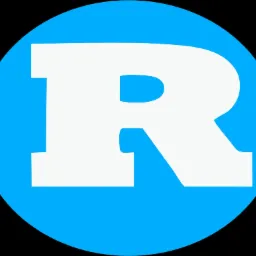 Biała litera R w niebieskim okręgu na czarnym tle, prosty logotyp.