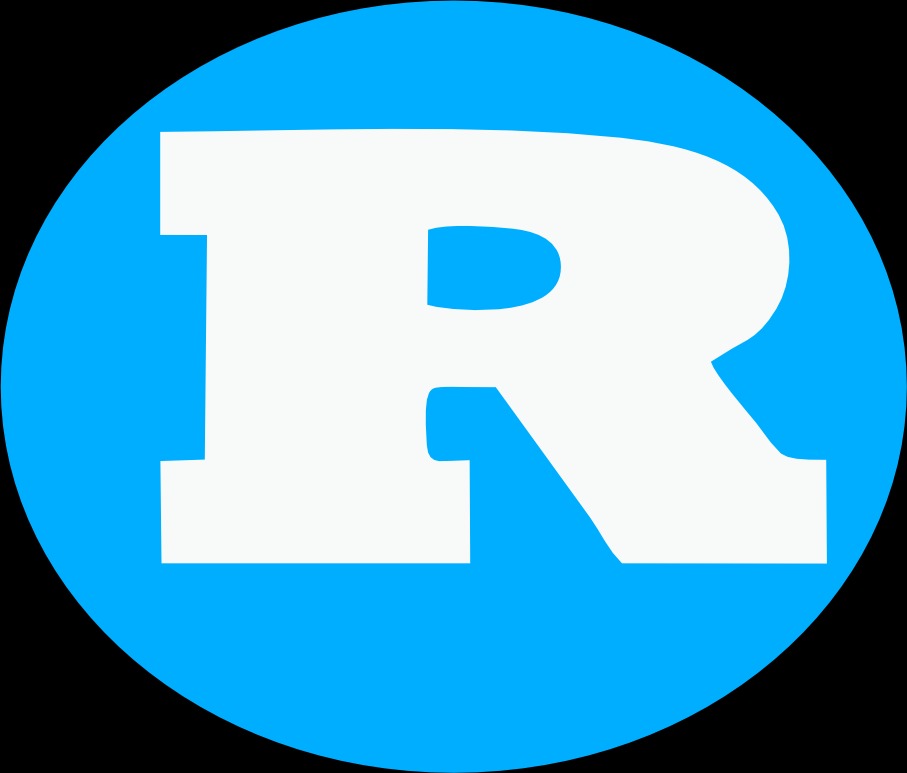 Biała litera R w niebieskim okręgu na czarnym tle, prosty logotyp.