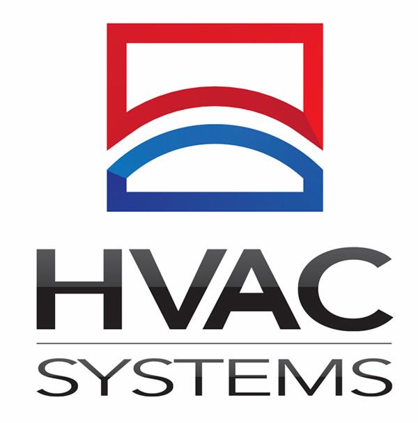 Graficzne logo firmy HVAC Systems z czerwono-niebieskim symbolem nad napisem.