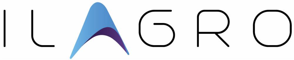 Logo firmy ILAGRO z abstrakcyjnym symbolem w kolorach niebieskim i fioletowym, stylizowane litery o zaokrąglonych krawędziach na białym tle.